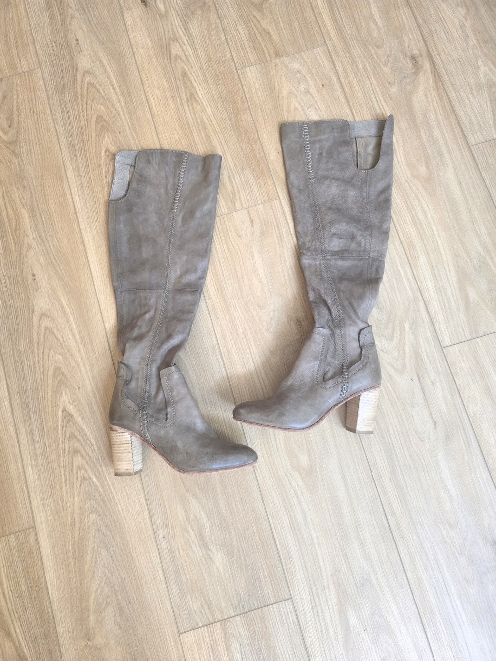 Free People Brianna Taupe Leather Over The Knee Stacked Heel Boots EU 38